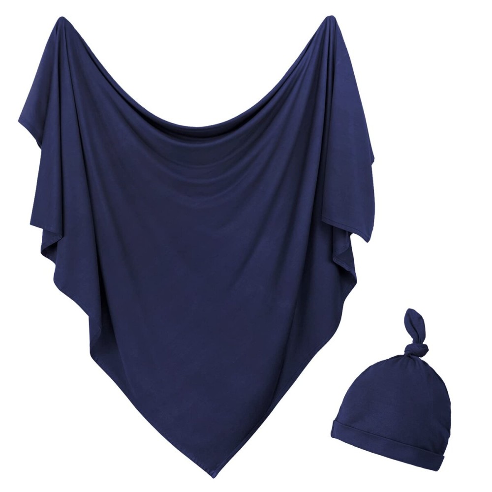 OWLOWLA Newborn Swaddle Set Stretch Wrap Swaddle Receiving Blanket for Baby Boy Girl(Navy Blue)