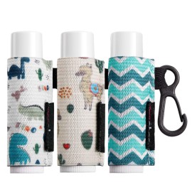HEYSKAY Lip Balm Holder Sleeves Keychain Chapstick Elastic Sleeves (Dinausaur/Sheep/Wave strip)