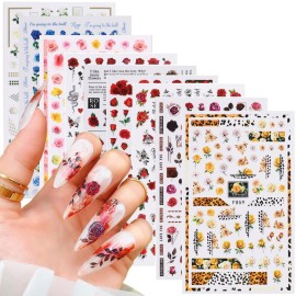 Flowers Rose Nail Art Stickers, 3D Flower Nail Self-Adhesive Sticker Design, Holographic Floral Leaf Butterfly Nail Art Decals for Women Girls Manicure Charms Decoration, Blossom Resin Nail Art Tips