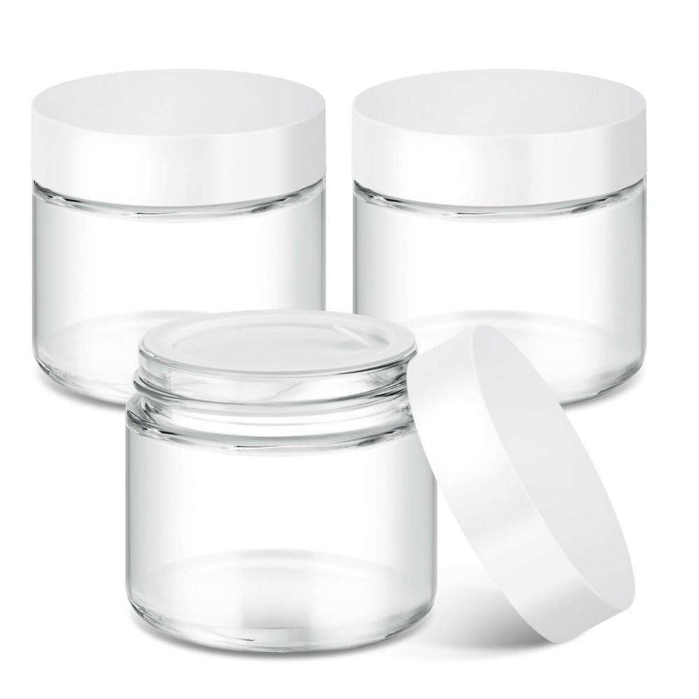 2 oz Glass Jars with Lids, Bumobum 3 pack Clear Small Jar with White Lids, Blank Labels & Inner Liners, 60 ml Empty Round Cosmetic Containers for Sample, Powder, Cream, Lotion, Spice