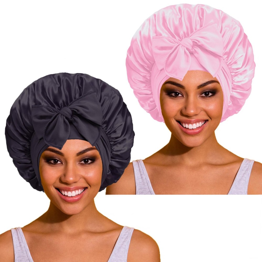 2 Pack Bonnet with Tie Band, Satin Silk Hair Bonnet for Sleeping, Sleep Bonnets for Women, Large Sleep Cap for Braids Curly Hair, A