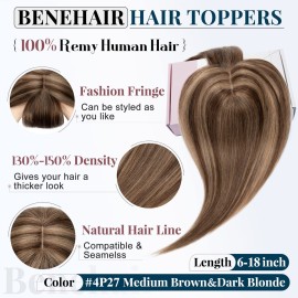 Benehair Silk Base Hair Topper With Thin Fringe Toupee Hair Middle Part Top Hairpiece for Women 150% Density Soft Remy Human Hair 14inch Toppers Hairpieces 4P27 Medium Brown&Dark Blonde 44g Benehair Silk Base Hair Topper With Thin Fringe Toupee Hair Middle Part Top Hairpiece for Women 150% Density Soft Remy Human Hair 14inch Toppers Hairpieces 4P27 Medium Brown&Dark Blonde 44g