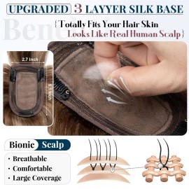 Benehair Silk Base Hair Topper With Thin Fringe Toupee Hair Middle Part Top Hairpiece for Women 150% Density Soft Remy Human Hair 14inch Toppers Hairpieces 4P27 Medium Brown&Dark Blonde 44g Benehair Silk Base Hair Topper With Thin Fringe Toupee Hair Middle Part Top Hairpiece for Women 150% Density Soft Remy Human Hair 14inch Toppers Hairpieces 4P27 Medium Brown&Dark Blonde 44g