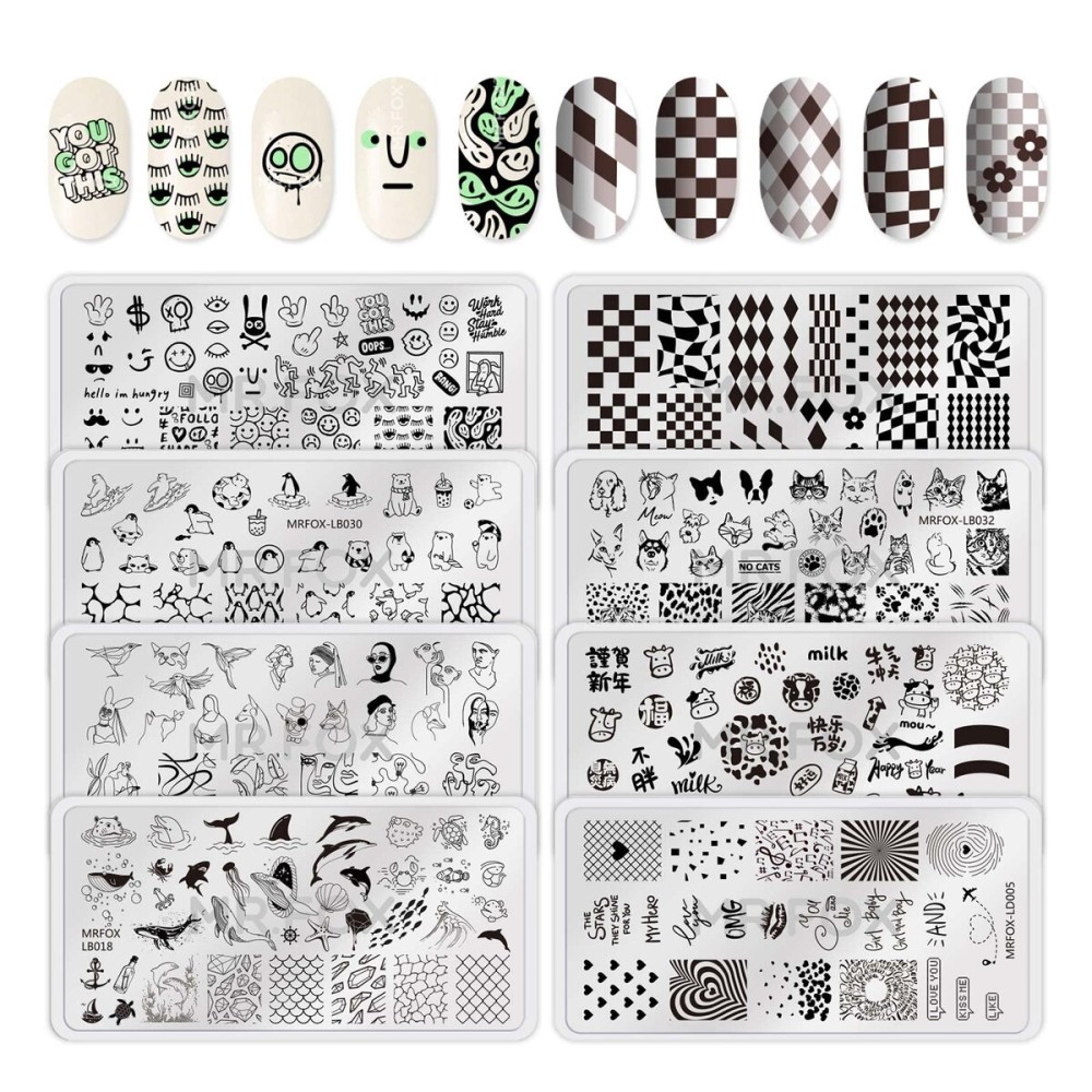 MR.FOX Nail Stamping Plate Set, 8Pcs Nail Art Stamp Kit Templates for Women with Plenty of Images