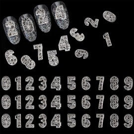 JERCLITY 30 Pieces Silver Number Nail Charms (0-9) for Nails Arabic Numerals 3D Nail Art Charms for Acrylic Nails Alloy Nail Rhinestones and Charms Nail Number Charms Gems for Women