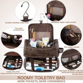 Elviros Toiletry Bag for Mens PU Leather Travel Organizer Kit with Hanging hook, Large Water-resistant Toiletries Bathroom Shaving Bags (Extra Large, Coffee)