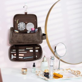 Elviros Toiletry Bag for Mens PU Leather Travel Organizer Kit with Hanging hook, Large Water-resistant Toiletries Bathroom Shaving Bags (Extra Large, Coffee)