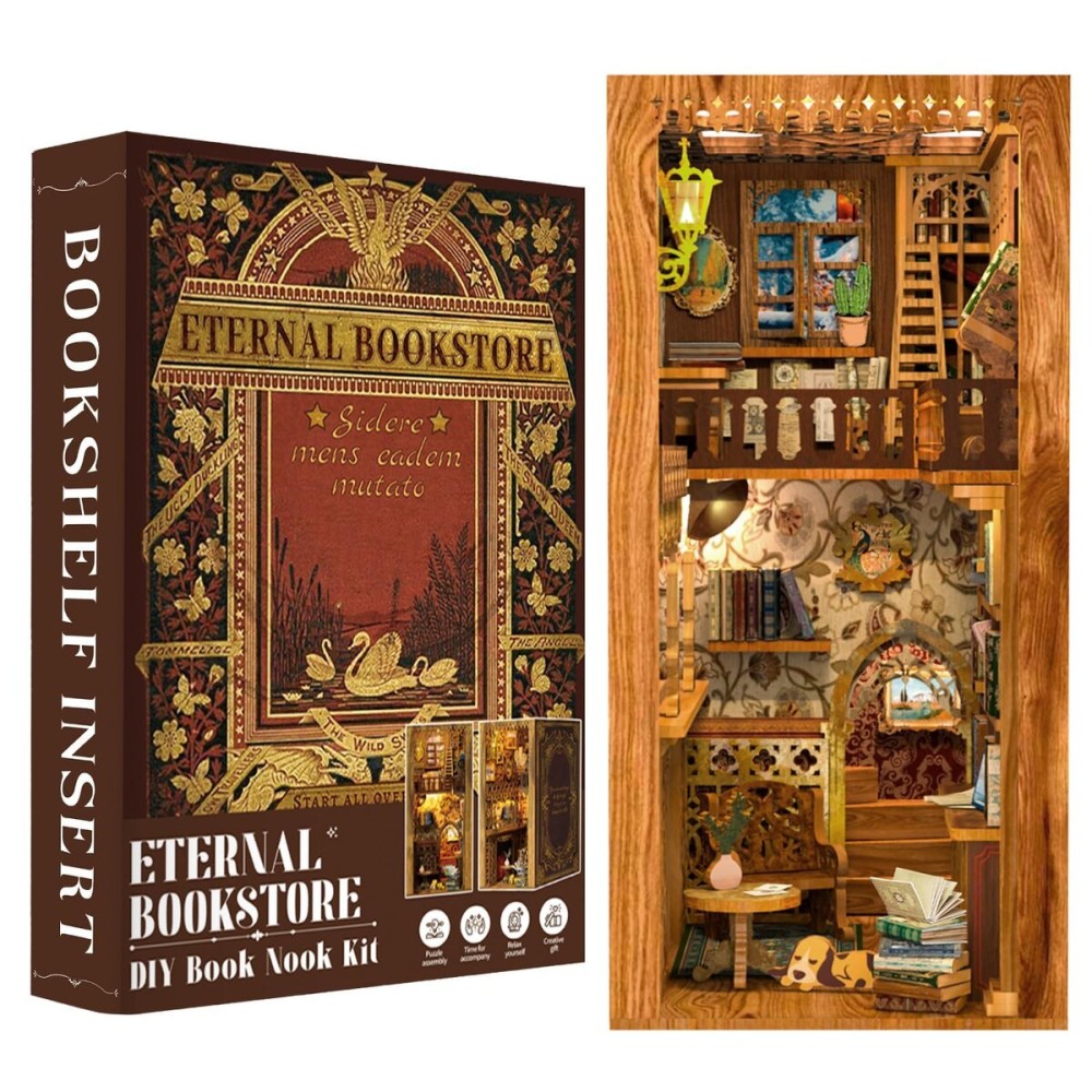 Fsolis Book Nook Kit DIY Miniature House Kit, 3D Wooden Puzzles for Adults, 172 Pieces, Booknook Craft Diorama Bookshelf Insert and Bookends, Gifts for Women Book Lovers(Eternal Bookstore)