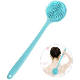 BAOOOFU Silicone Back Brush Long Handle Soft Body Brush for Shower Exfoliating Body Scrubber, Back Scrubber for Elderly Men Women, Hook Provided (Blue)