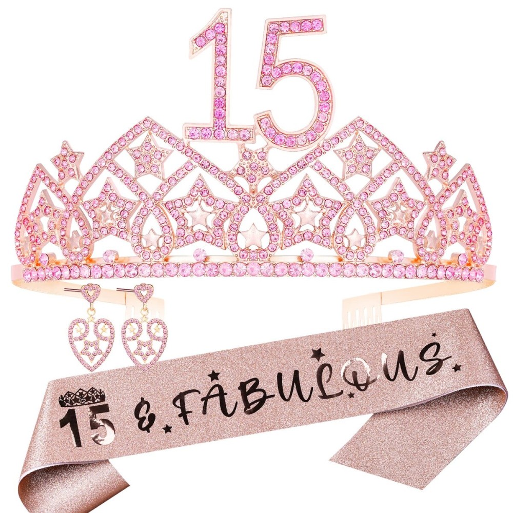 HnoonZ 15th Birthday Decorations for Girls,Happy 15th Birthday,15 Birthday Decorations,15th Birthday Gifts for Teen Girls ,15th Birthday Sash and Tiara,15 Crown and Sash