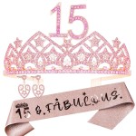 HnoonZ 15th Birthday Decorations for Girls,Happy 15th Birthday,15 Birthday Decorations,15th Birthday Gifts for Teen Girls ,15th Birthday Sash and Tiara,15 Crown and Sash