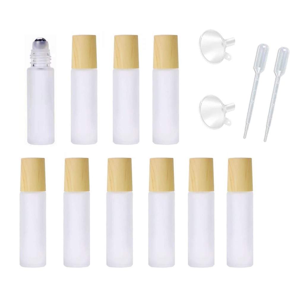 10 Pcs Frosted Glass Essential Oils Roll on Bottles,10ml Refillable Massage Roller Bottles Perfume Bottles with Stainless Steel Ball Wood Grain Cap Empty Travel Roller Essential Oils Vials(White)