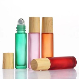 10 Pcs Frosted Glass Essential Oils Roll on Bottles,10ml Refillable Massage Roller Bottles Perfume Bottles with Stainless Steel Ball Wood Grain Cap Empty Travel Roller Essential Oils Vials(White)