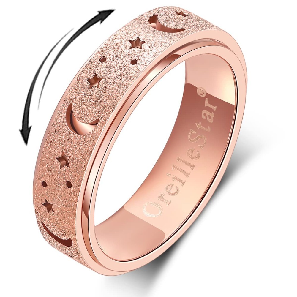 OreilleStar Anxiety Spinner Ring for Women: Fidget Toys for Adults, Titanium Stainless Steel Thumb Ring for Men, Moon Star Rose Gold