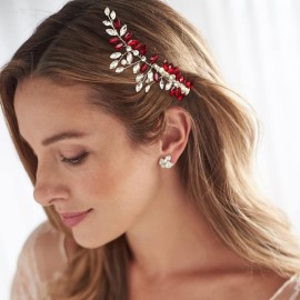 BETITETO Wedding Hair Clip Combs, 2Pcs Red White Green Rhinestone Bridal Hair Vine Piece Accessories for Women Girls Party Birthday (Red)