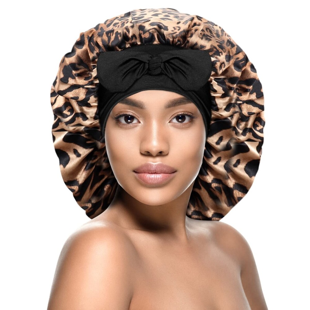 Kenllas Satin Silk Bonnet for Women - Large Sleep Cap with Tie Band for Curly Dreadlock Braid Hair Care (Leopard)