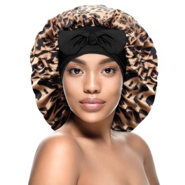 Kenllas Satin Silk Bonnet for Women - Large Sleep Cap with Tie Band for Curly Dreadlock Braid Hair Care (Leopard)