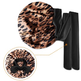 Kenllas Satin Silk Bonnet for Women - Large Sleep Cap with Tie Band for Curly Dreadlock Braid Hair Care (Leopard)