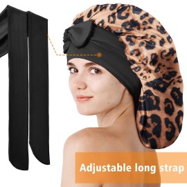 Kenllas Satin Silk Bonnet for Women - Large Sleep Cap with Tie Band for Curly Dreadlock Braid Hair Care (Leopard)