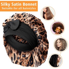 Kenllas Satin Silk Bonnet for Women - Large Sleep Cap with Tie Band for Curly Dreadlock Braid Hair Care (Leopard)