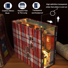3D Wooden Book Stand Puzzle DIY Dollhouse Wood Bookends Book Nook Model Building Kit with LED Light for Teens and Adults to Build-Creativity Gift for Birthdays Christmas Halloween, Multicolor