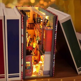3D Wooden Book Stand Puzzle DIY Dollhouse Wood Bookends Book Nook Model Building Kit with LED Light for Teens and Adults to Build-Creativity Gift for Birthdays Christmas Halloween, Multicolor