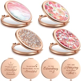 Chunful 4 Pcs Floral Pocket Mirror for Women Bulk Rhinestone Rose Gold Compact Mirror Vintage Engraved Pocket Makeup Double Sided with 1x/2x Magnifying for Bridesmaid Wedding Gifts