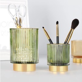 DASITON Makeup Brush holder Organizer,Crystal Cosmetic Glass Storage Holder, Vintage Make Up Brush Cup Pen Pencil Holder striped vase(Green S+L DASITON Makeup Brush holder Organizer,Crystal Cosmetic Glass Storage Holder, Vintage Make Up Brush Cup Pen Pencil Holder striped vase(Green S+L