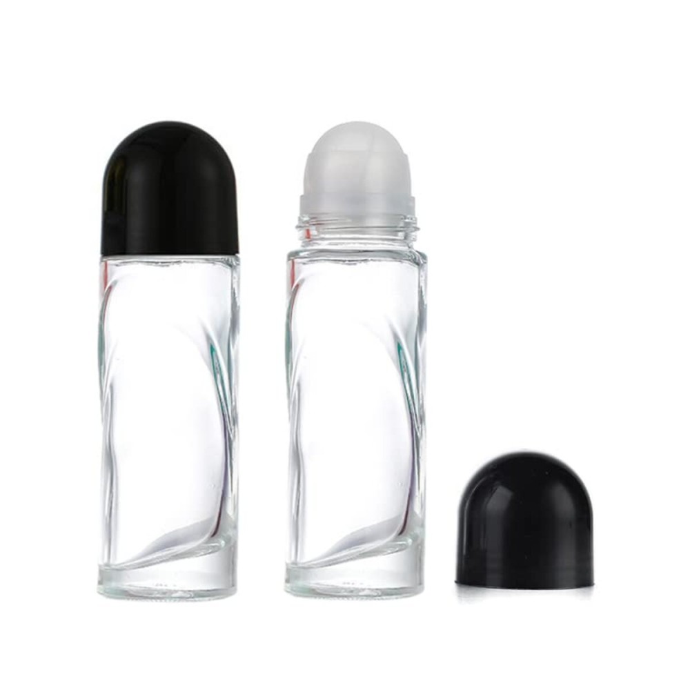 2Pcs 70ml/2.36oz Clear Glass Deodorant Roller Bottle with Plastic Roller Ball & Black Lid Deodorant Bottles Essential Oil Roller Bottles Empty Deodorant Containers, Thin-Waist Style