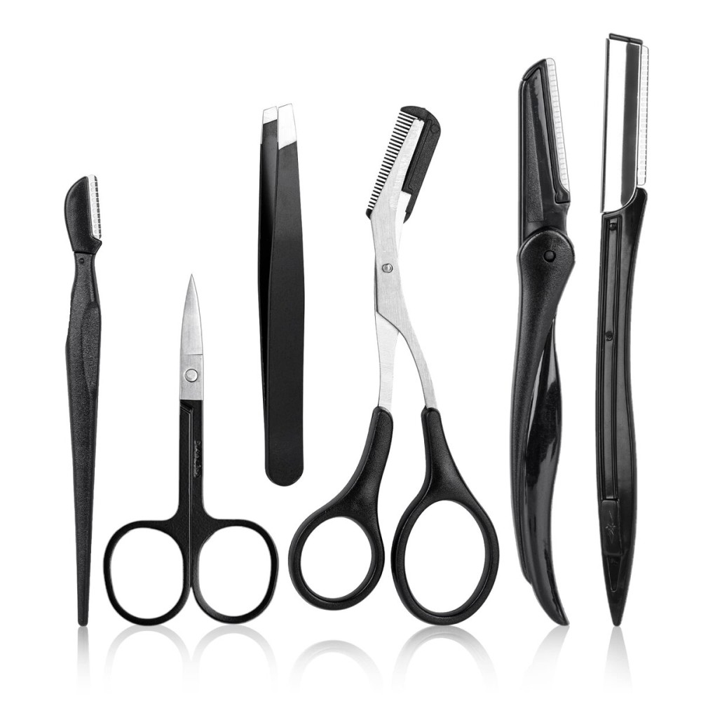 NAZQAT Multipurpose Grooming Kit - Eyebrow Trimming, Shaping, Exfoliating - Includes Tweezers, Razor, Scissors (Pack of 6)