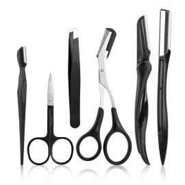 NAZQAT Multipurpose Grooming Kit - Eyebrow Trimming, Shaping, Exfoliating - Includes Tweezers, Razor, Scissors (Pack of 6)