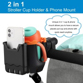 Accmor Stroller Cup Holder with Phone Holder, Universal Cup Holder, Bike Cup Holder, 360 Rotatable Large Caliber Drinks Holder for Stroller, Bike, Wheelchair, Walker
