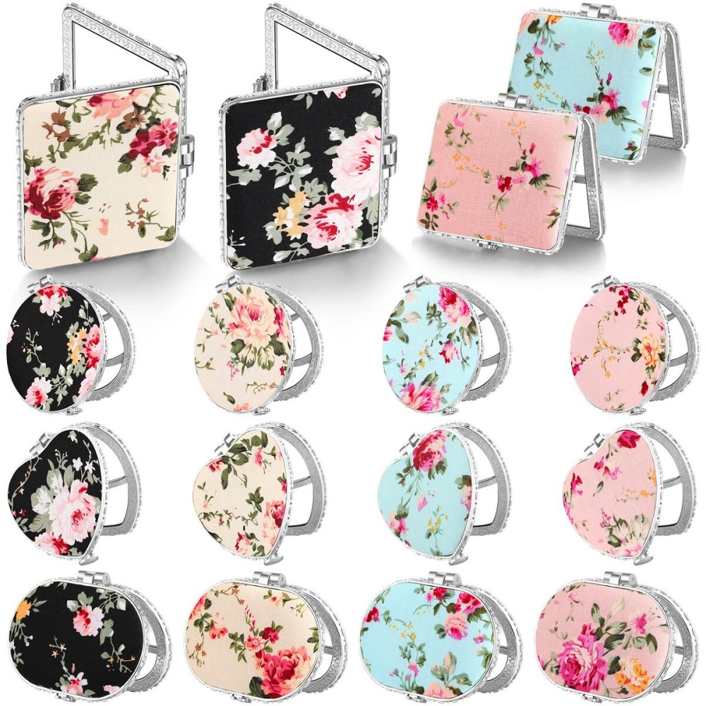 Blulu 16 Pcs Compact Mirror for Purse Small Flower Pocket Mirror Vintage Portable Floral Folding Tea Party Favors Birthday Gifts for Women Wedding Makeup Travel(Silver Edge)