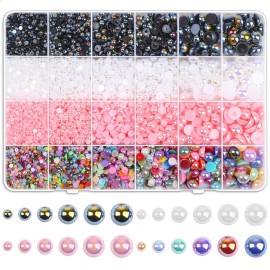 8000Pcs Flatback Pearls for Crafts, Cridoz Assorted Sizes Half Round Pearl Beads Rhinestones for Nails, Makeup, Shoes, Handmade Art Work