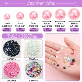 8000Pcs Flatback Pearls for Crafts, Cridoz Assorted Sizes Half Round Pearl Beads Rhinestones for Nails, Makeup, Shoes, Handmade Art Work