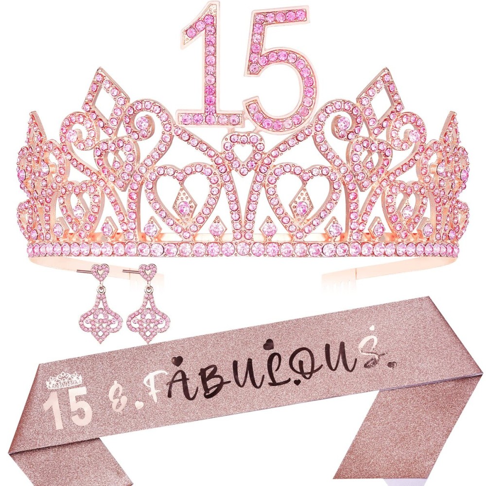 HnoonZ 15th Birthday Crown, Sash & Tiara Set - Pink Princess Party Decorations for 15 Year Old Girls