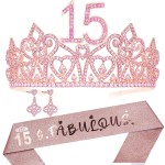 HnoonZ 15th Birthday Crown, Sash & Tiara Set - Pink Princess Party Decorations for 15 Year Old Girls