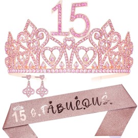 HnoonZ 15th Birthday Crown, Sash & Tiara Set - Pink Princess Party Decorations for 15 Year Old Girls