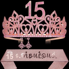 HnoonZ 15th Birthday Crown, Sash & Tiara Set - Pink Princess Party Decorations for 15 Year Old Girls
