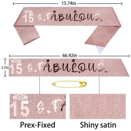 HnoonZ 15th Birthday Crown, Sash & Tiara Set - Pink Princess Party Decorations for 15 Year Old Girls