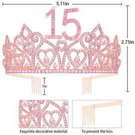 HnoonZ 15th Birthday Crown, Sash & Tiara Set - Pink Princess Party Decorations for 15 Year Old Girls
