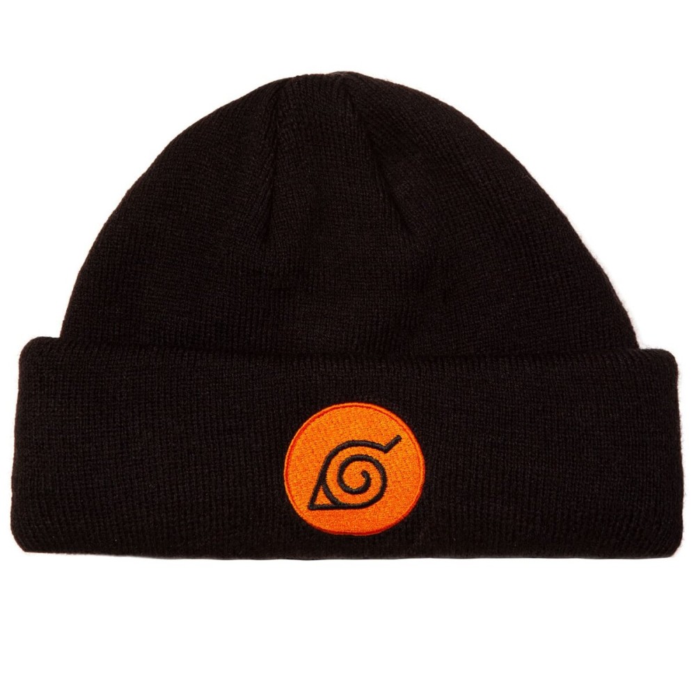 Naruto Mens Trawler Beanie - Embroidered Leaf Village Patch on Cuffed Retro Fisherman Style Short Winter Hat - Black (One Size)