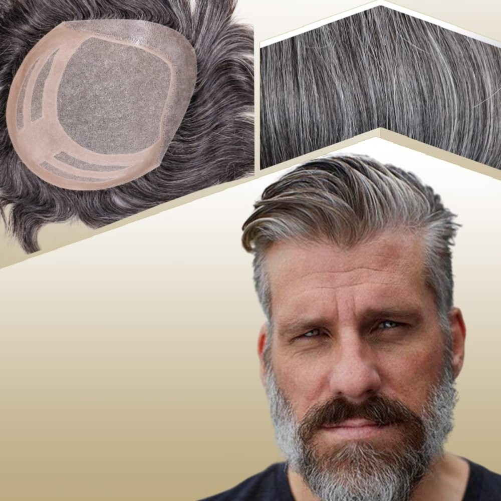 Lishy Men\'s Hairpiece Human Hair Replacement Systems Toupee for Men Thin Skin with Mono Lace Top and the Durable PU Back 10x8inch Medium Density Free Style 1B Mixed 60% White Hair Lishy Men\'s Hairpiece Human Hair Replacement Systems Toupee for Men Thin Skin with Mono Lace Top and the Durable PU Back 10x8inch Medium Density Free Style 1B Mixed 60% White Hair