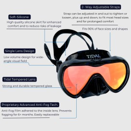Tidal Mask - Advanced Anti Fog Diving Mask for Scuba Diving, Snorkeling, and Free Diving. Wide-Angle Single Lens. Best Anti Fog Scuba Mask, Snorkel Mask, Dive Mask for Adults. (Black/Tinted Lens).