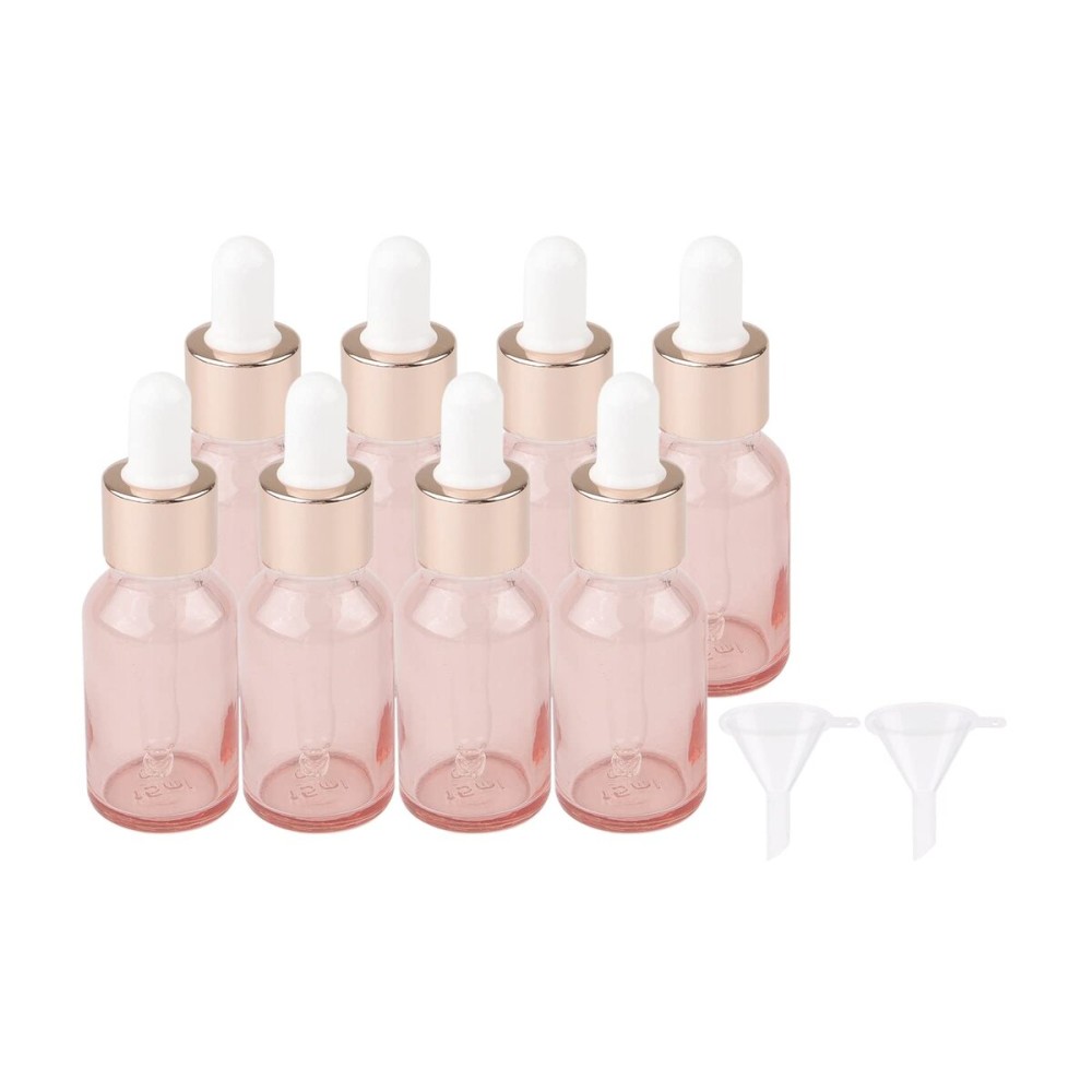 Kesell 8 Pack 15ml Pink Dropper Bottles, 1/2 oz Empty Refillable Glass Sample Vials for Essential Oils DIY Perfume Small Travel Container, With Rose-Gold Cap And 2 Funnels