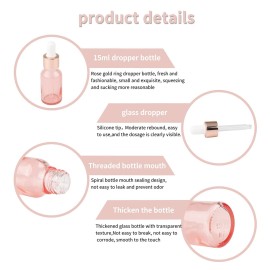 Kesell 8 Pack 15ml Pink Dropper Bottles, 1/2 oz Empty Refillable Glass Sample Vials for Essential Oils DIY Perfume Small Travel Container, With Rose-Gold Cap And 2 Funnels