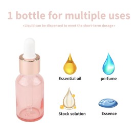 Kesell 8 Pack 15ml Pink Dropper Bottles, 1/2 oz Empty Refillable Glass Sample Vials for Essential Oils DIY Perfume Small Travel Container, With Rose-Gold Cap And 2 Funnels