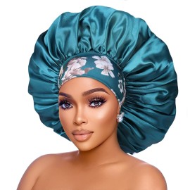 Silk Satin Bonnet Hair Cap: 2pcs 17inch Diameter Extra Large Jumbo Sleeping Satin Bonnets with Comfortable Flower Band - High Density Satin Bonnets for Women Braids Curly Night Cap (Purple & Teal)