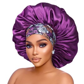 Silk Satin Bonnet Hair Cap: 2pcs 17inch Diameter Extra Large Jumbo Sleeping Satin Bonnets with Comfortable Flower Band - High Density Satin Bonnets for Women Braids Curly Night Cap (Purple & Teal)