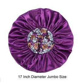 Silk Satin Bonnet Hair Cap: 2pcs 17inch Diameter Extra Large Jumbo Sleeping Satin Bonnets with Comfortable Flower Band - High Density Satin Bonnets for Women Braids Curly Night Cap (Purple & Teal)